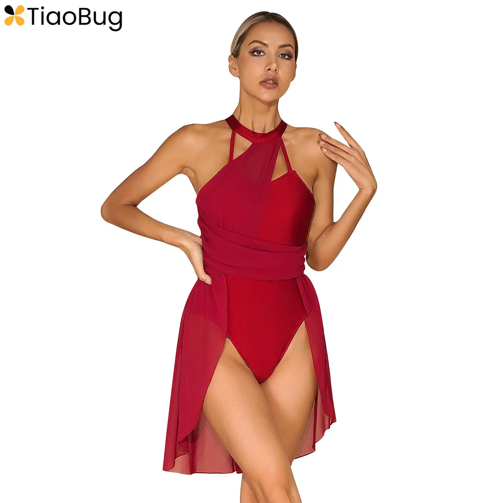 

Womens Lyrical Dance Dress Chiffon Sleeveless Ballet Dance Leotard Dress Gymnastics Figure Skating Workout Performance Costume