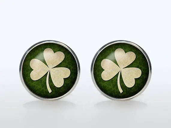 Irish Luck Mans Groom Wedding Cuff  Four Leaf Clover Vintage Sleeve Button Shirt Cufflinks Brand Fashion Glass Dome Gift