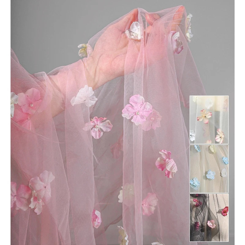 Colorful Flower Soft Mesh Lace Fabric for Wedding DIY Dress Decoration Fashion Designer Cloth Sewing Fabrics Material