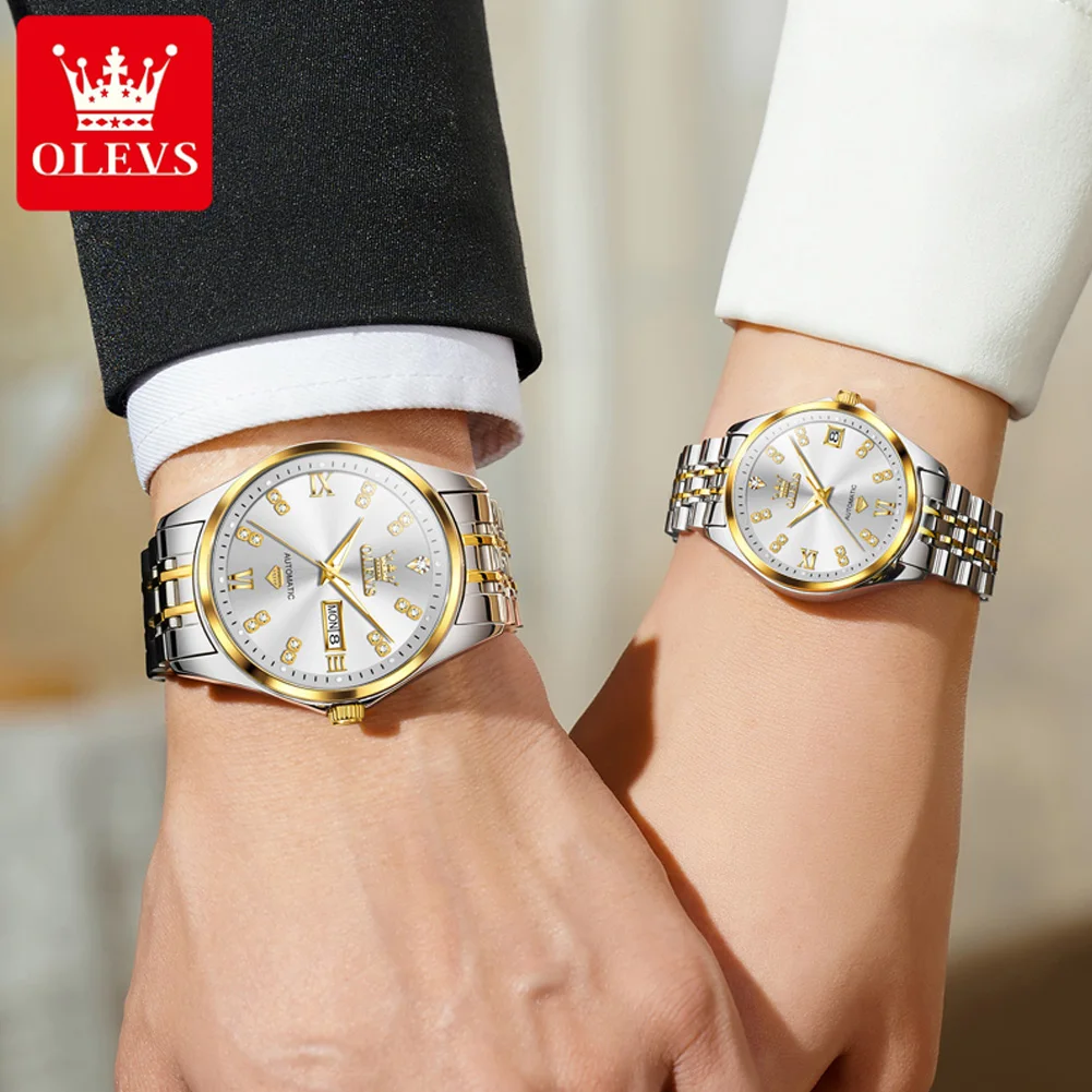 OLEVS Couple Watches His and Her Watch Set Automatic Mechanical Watches for Men Women Diamond Watch couples Gift Day-Date 9801