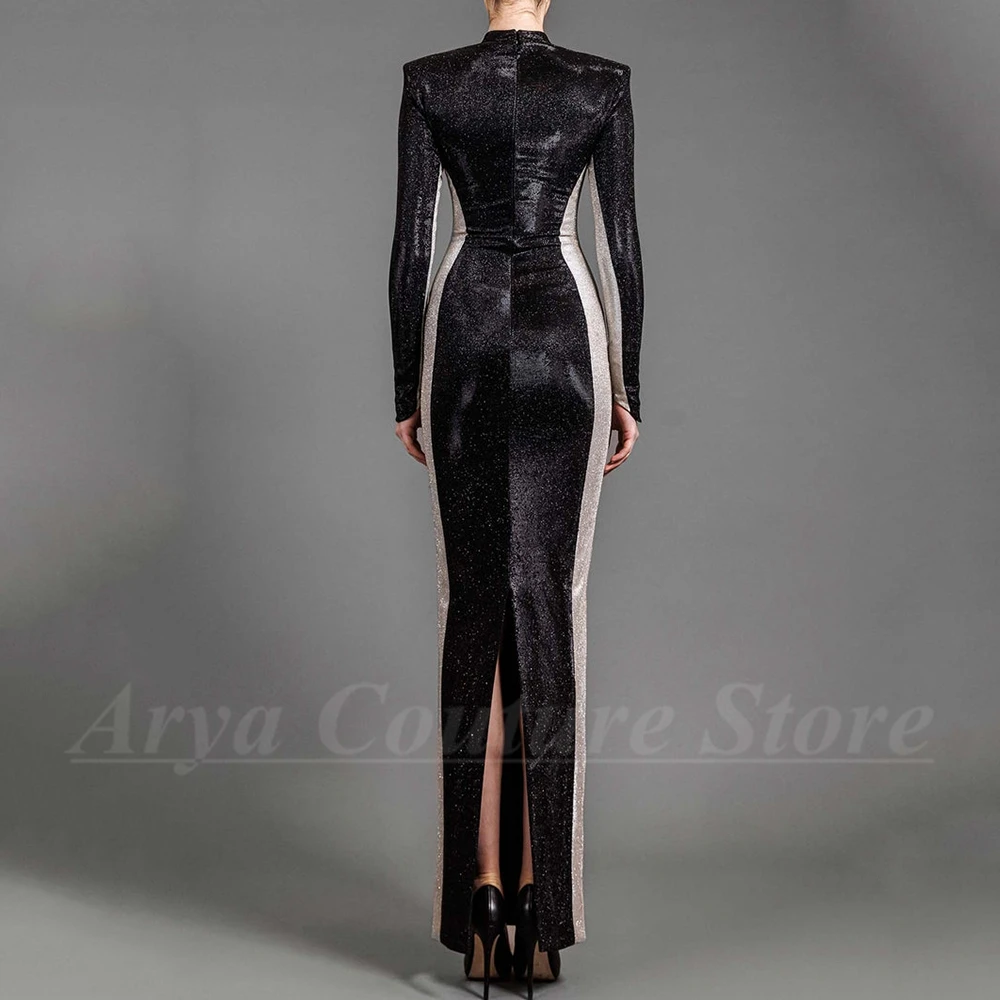 Chic Shiny Two Color Evening Dress Elegant High Neck Long Sleeve Straight Floor Length Sheath Back Slit Women Customized Gown