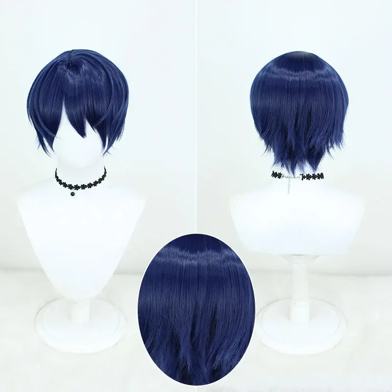 Wig Cosplay Anime Marius von Hagen 30cm Wig biru gelap pendek rambut sintetis tahan panas pesta Halloween