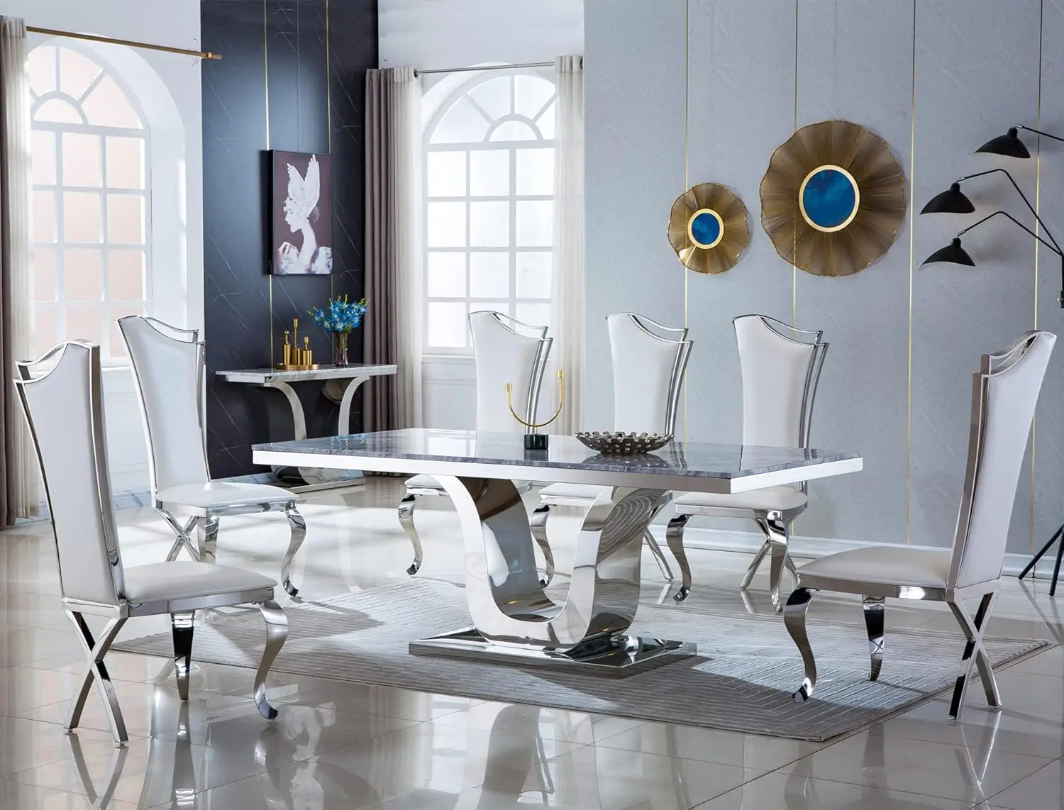 Ssline Modern Luxury Dining Chairs Set Of 4 White Leather Kitchen Dining Room Chair With Silver Mirrored Stainless Steel Legs