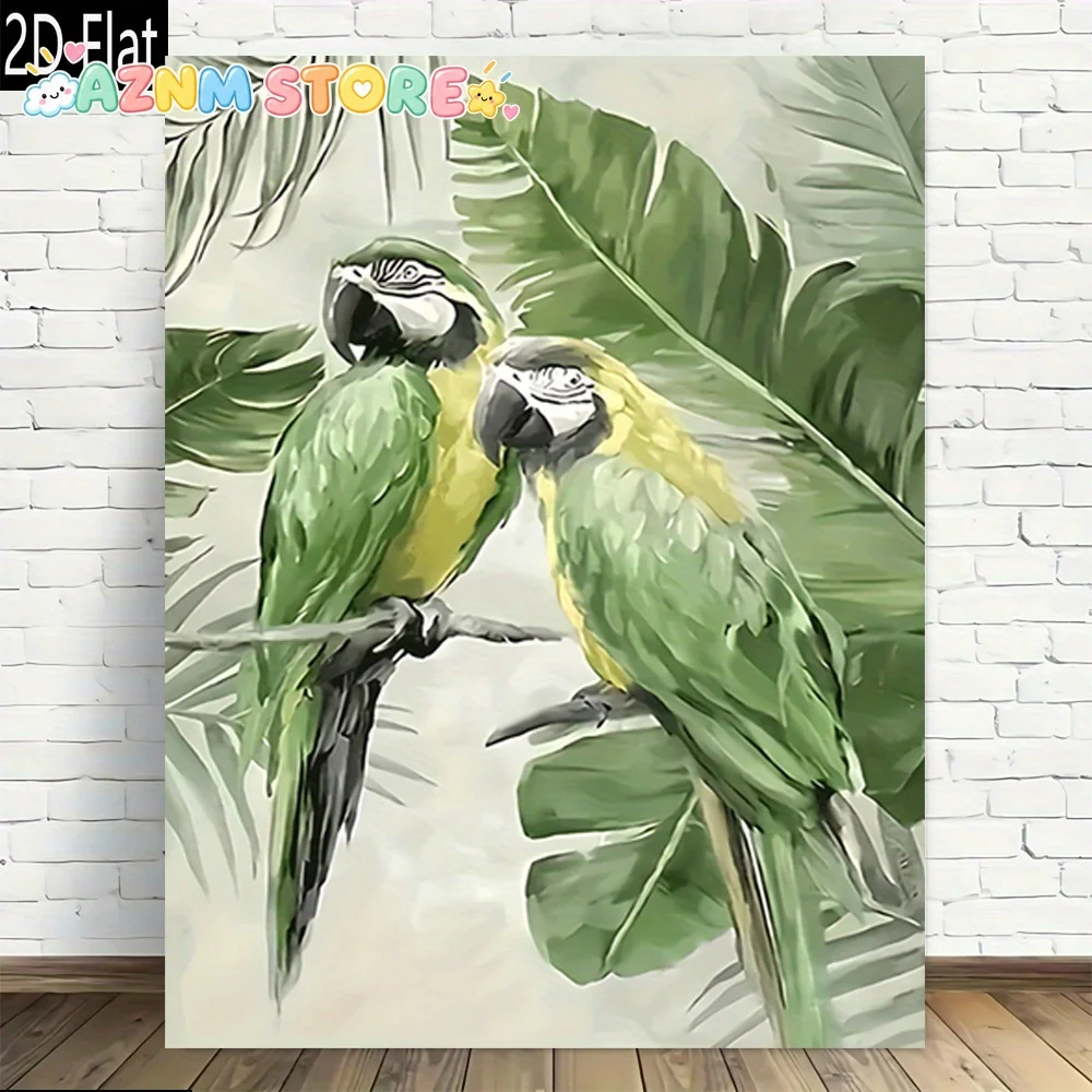 2D Flat 1pc, Parrot Pair On Branch Tropical Decor Frameless Canvas Wall Art Modern Vintage Design, High Quality Printed Poste
