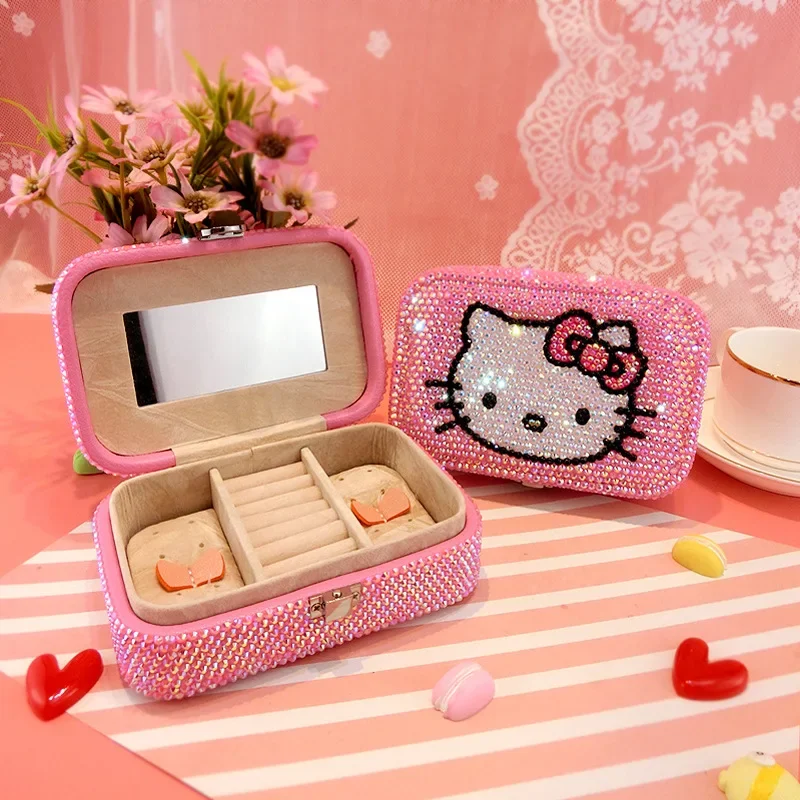 

Kawaii Sanrio Cartoon Hello Kitty Jewelry Box Sticking Diamond Cute High-Quality Jewelry Case Necklace Storage Box for Girl Gift