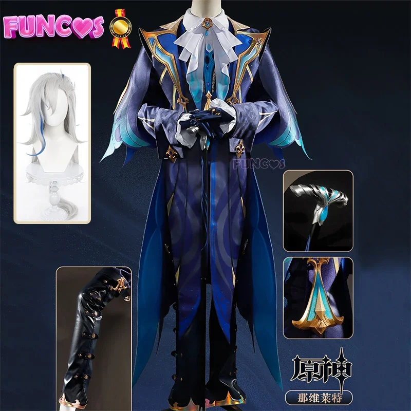 Genshin Impact Neuvillette Cosplay Costume Wig Walking Stick Fontaine Chief Justice Uniform Pants Headwear Gloves Accessories