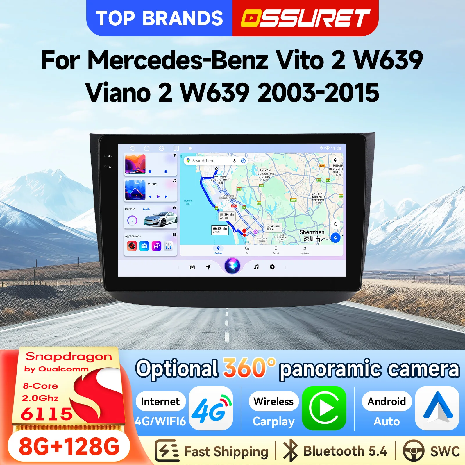 OSSURET Livraison Rapide Autoradio Android 15 2 Din 10,1 Pouces pour Mercedes-Benz Vito 2 W639 Viano 2 W639 2003-2015 Système Intelligent de Navigation GPS SWC DSP RDS Audio CarPlay Sans Fil Optionnel 360 °   Caméra Bluetooth, lecteur multimédia de voiture mains libres