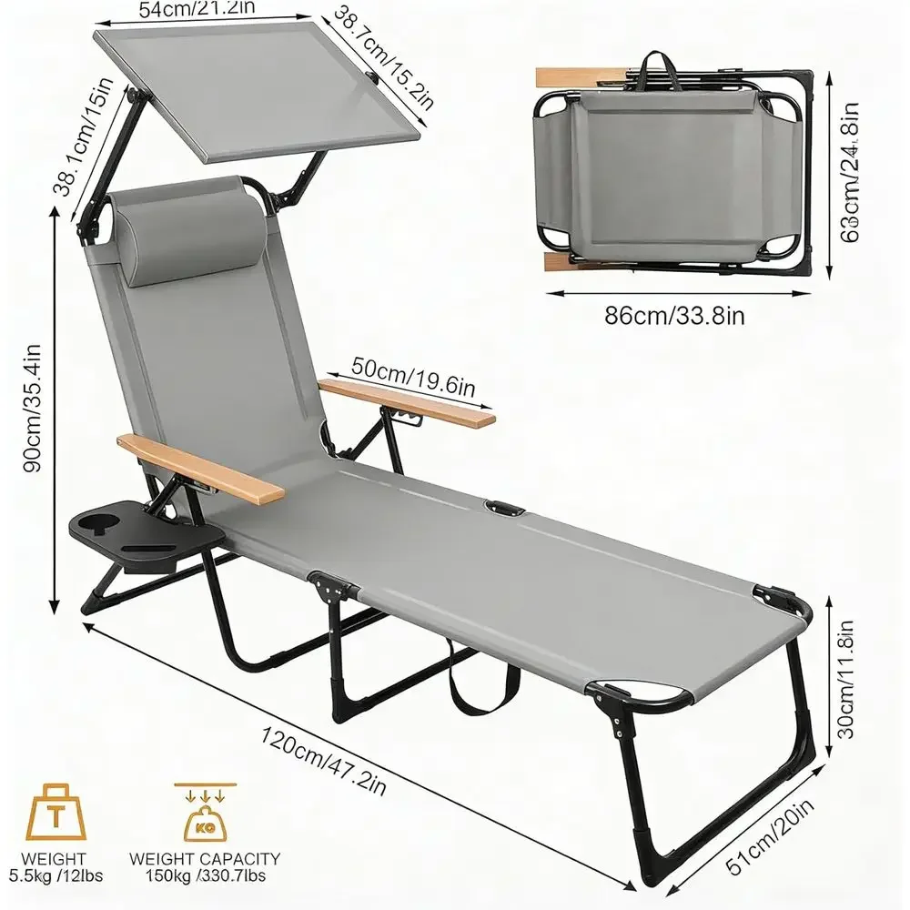 Sun Lounger with 4-Position Recline, UPF 50+ Shade, Suitable for Outdoor, Beach, Poolside, Backyard, Camping, Supports up to 300