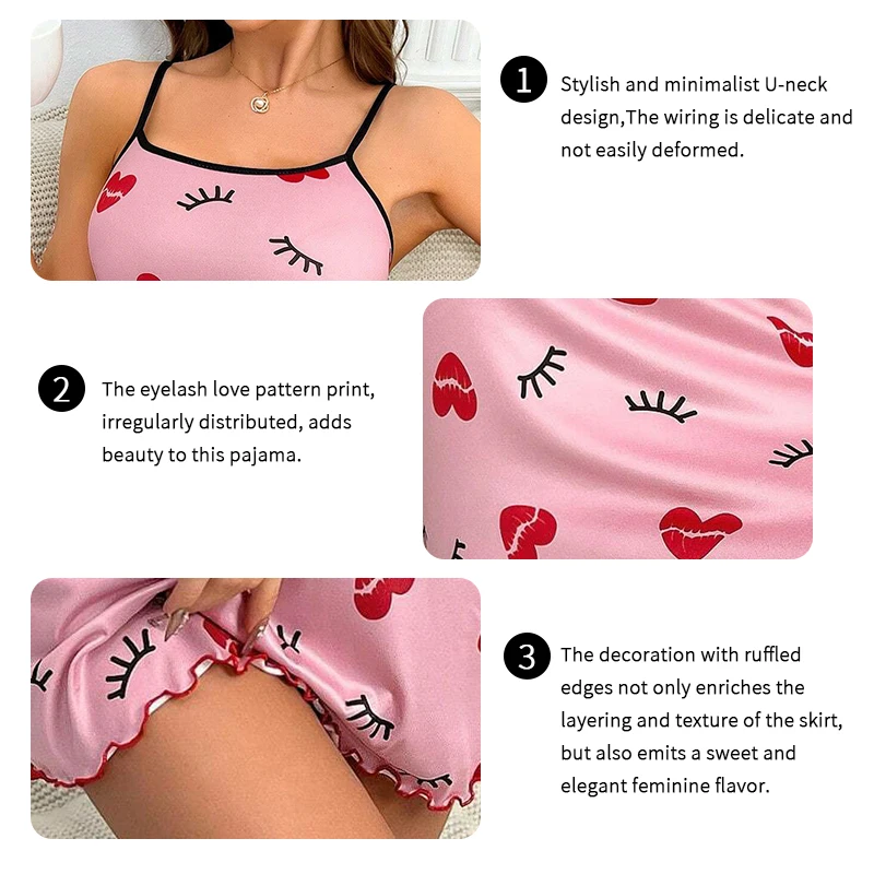 Women\'s Sleepwear Butterfly Print Lettuce Trim Nightdress Casual Round Neck Backless Mini Slip Dress Soft Comfortable Nightwear