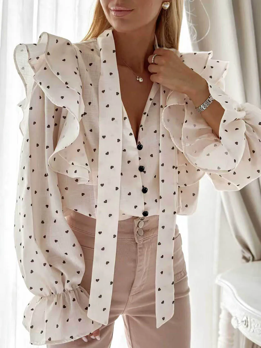 

Onecozyday Women's Heart Print Ruffled Blouse V Neck Puff Long Sleeve Cuffed Hem Black Buttons Front Elegant Chiffon Shirts