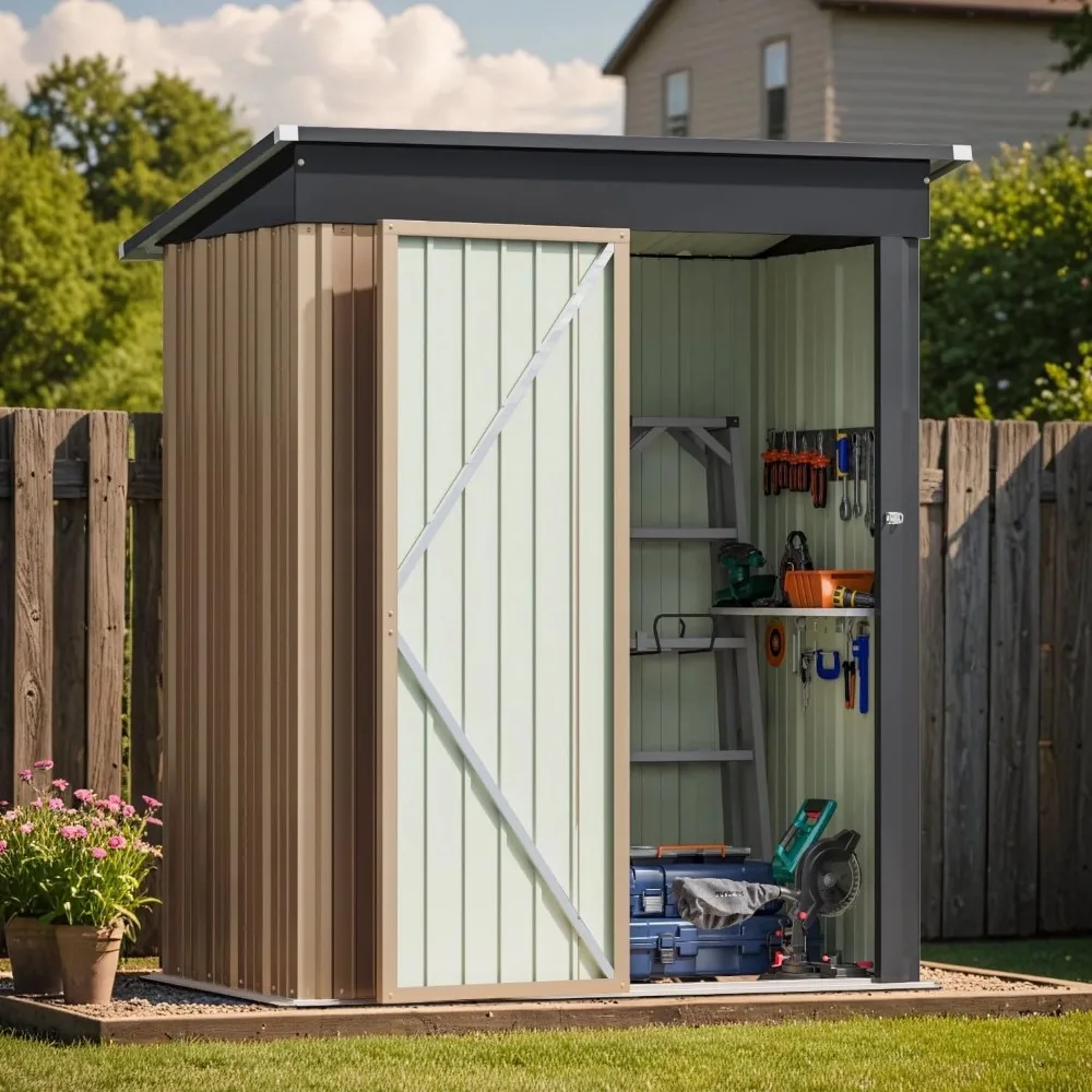 

5×3FT Outdoor Storage Shed, Metal Patio Storaged Sheds with Lockable Doors, Garden Sheds & Outdoor Storage