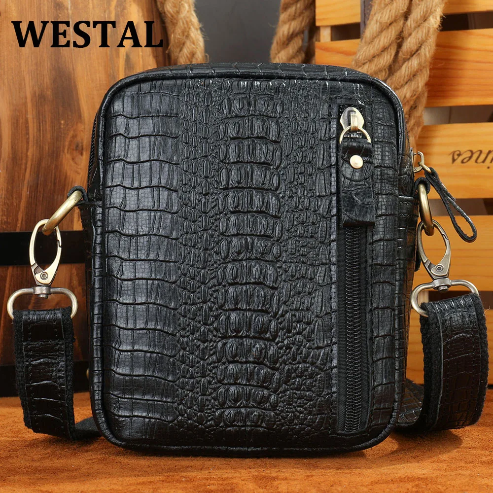 WESTAL Men\'s Crossbody Shoulder Bag Men\'s Genuine Leather Shoulder Bag Crocodile Pattern Messenger Bag Male Alligator Side Bags