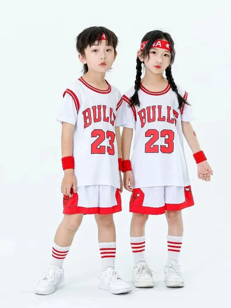 NEW 23/24 boys and girls Basketball Jerseys Fake two-piece children\'s uniform kit primary school training Bull short sleeve