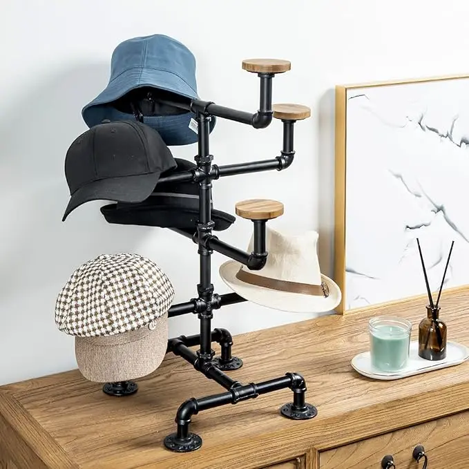 Hat Display Stand Holder Rack With 8 Round Rustic Burnt Hangers Retail Display Stand For Baseball Cap