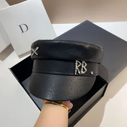 New Fashion Brand Designer PU Leather Diamond RB Letter Newsboy Caps Women Flat Militray Hat Lady Beret Gorras Mujer Streetwear
