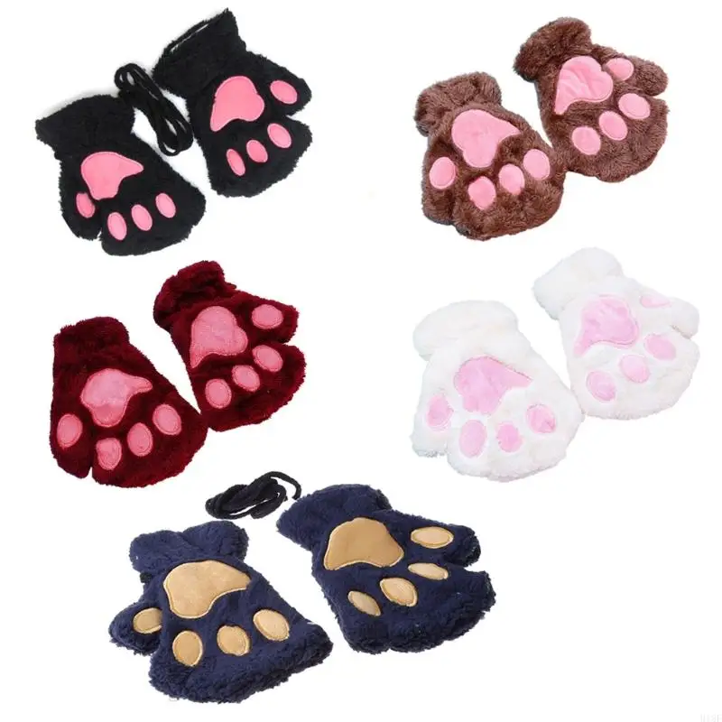 918F Womens for Cat Paw Gloves Winter Warm Plush Faux Fur Kitten Claw Cosplay Fingerless Mittens with Hanging Neck Strin