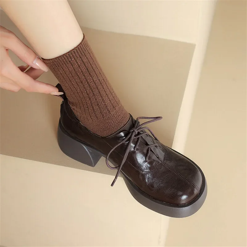 New Autumn Genuine Leather Women Loafers Round Toe Chunky Heel Lace High Heels Versatile Women Pumps Platform Shoes for Women