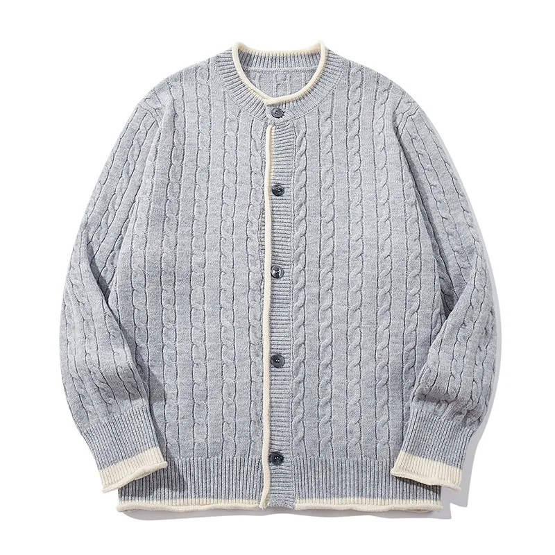 MAQVOB Retro Street Color-Block Cable Knit Button Sweater Unisex College Holiday Office Travel Loose Fit Oversize Casual Sweater