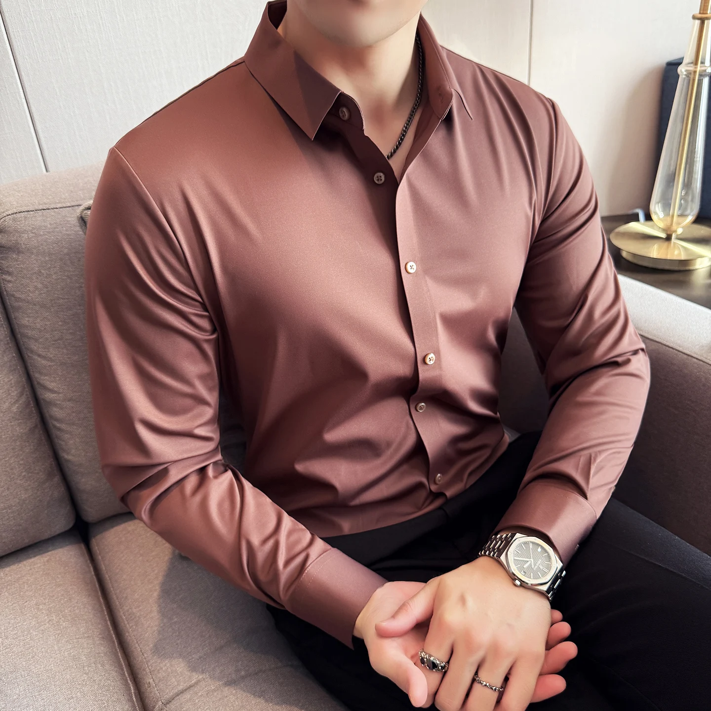 

2025 Autumn Winter Men's Seamless Long Sleeved Shirt Elastic Casual Business Dress Shirts Versatile Social Office Uniform Shirt