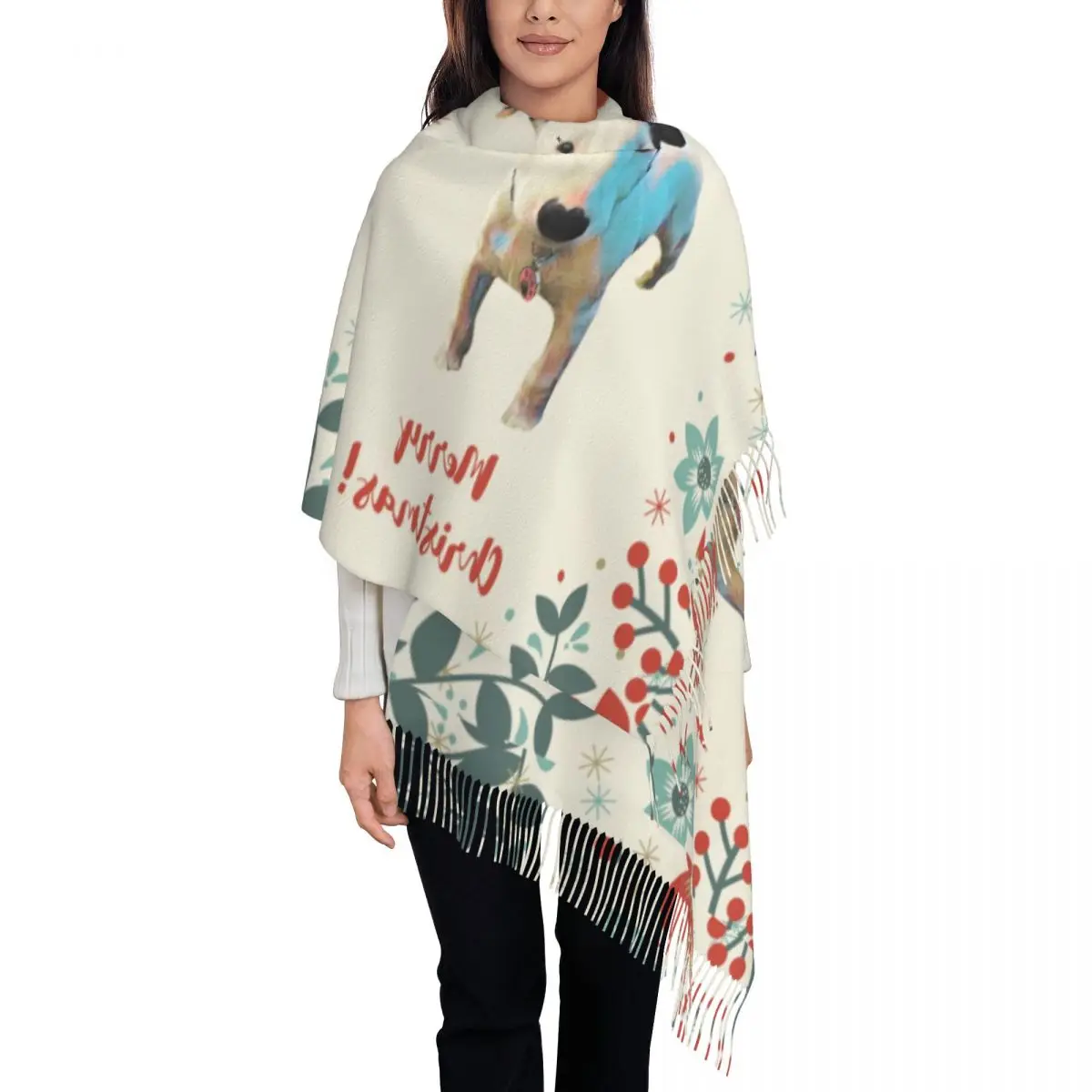 

Christmas Bull Terrier Tassel Scarf Women Soft England Dog EBT Dog Shawls Wraps Ladies Winter Fall Scarves