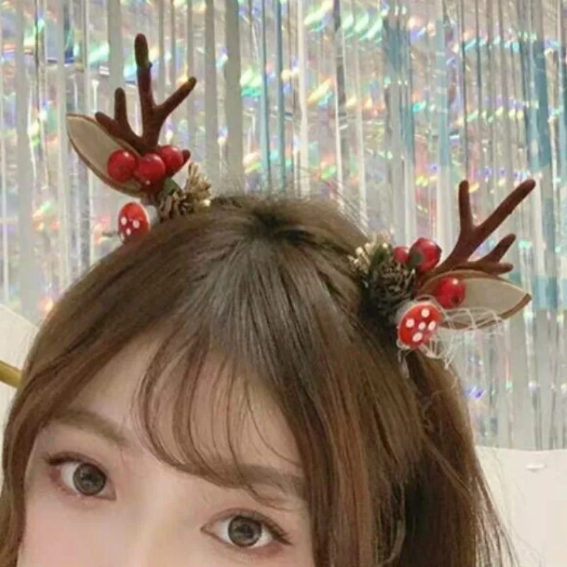 

Christmas Creative Gifts Headband Elk Horn Pine Cone Female Cute Cat Ear Headdress Festive Hair Accessories for Girls Head Decor