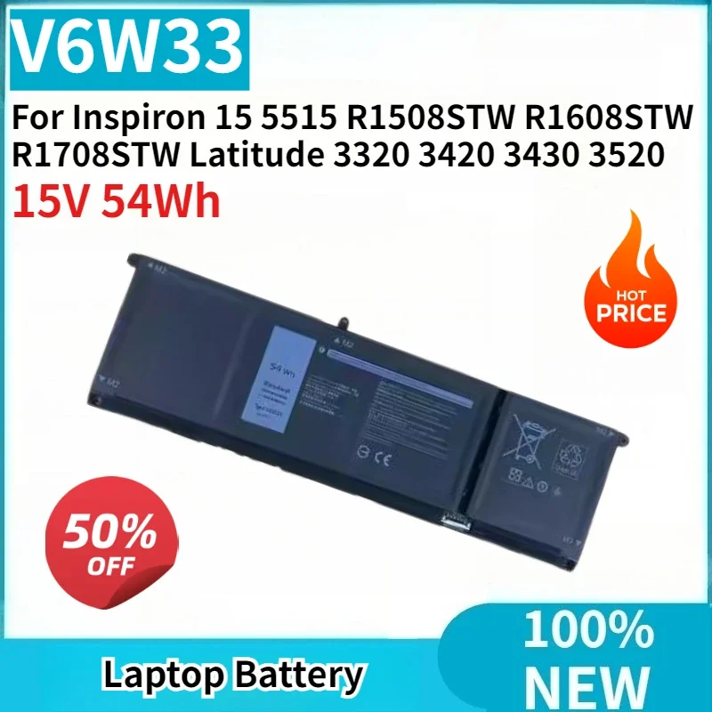 

Аккумулятор для ноутбуков Inspiron 15 5515 R1508STW R1608STW R1708STW, Latitude 3320 3420 3430 3520, V6W33 P144G, 15В, 54Втч, повышенной емкости