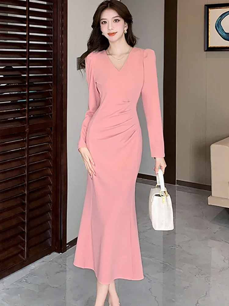 

Autumn Winter Pink Pleated Bodycon Chic Ruffled Long Dress 2025 Korean Elegant One Piece Dress Women Fashion Bodycon Party Dress