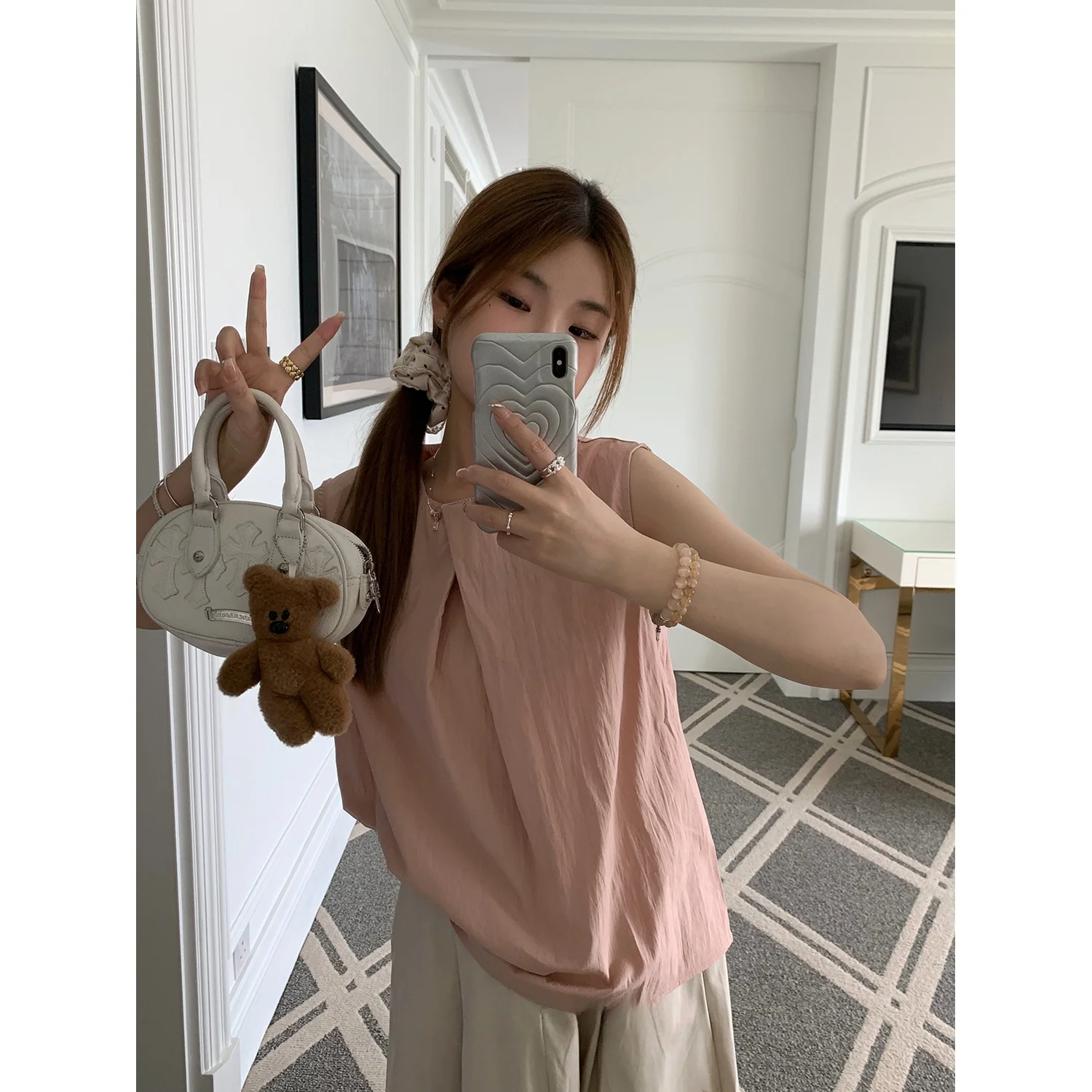 

Розовая круглая майка Ne Svel свободного кроя, универсальная, Y Studio, летняя новинка, женская повседневная модная майка