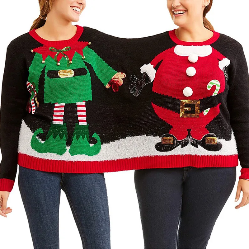 2022 Funny Christmas New Sweater Loose Couple Bestie Pullover Oversize Knit Top One Piece Clothes for two or more people Party