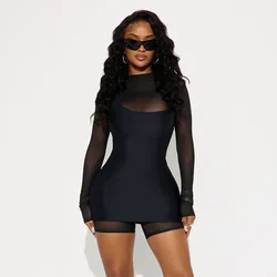 Sexy Mesh Double Lined Bodycon Mini Dress and Romper 2 Piece Set Women Sets Autumn Fashion Halter Midnight Clubwear Outfits