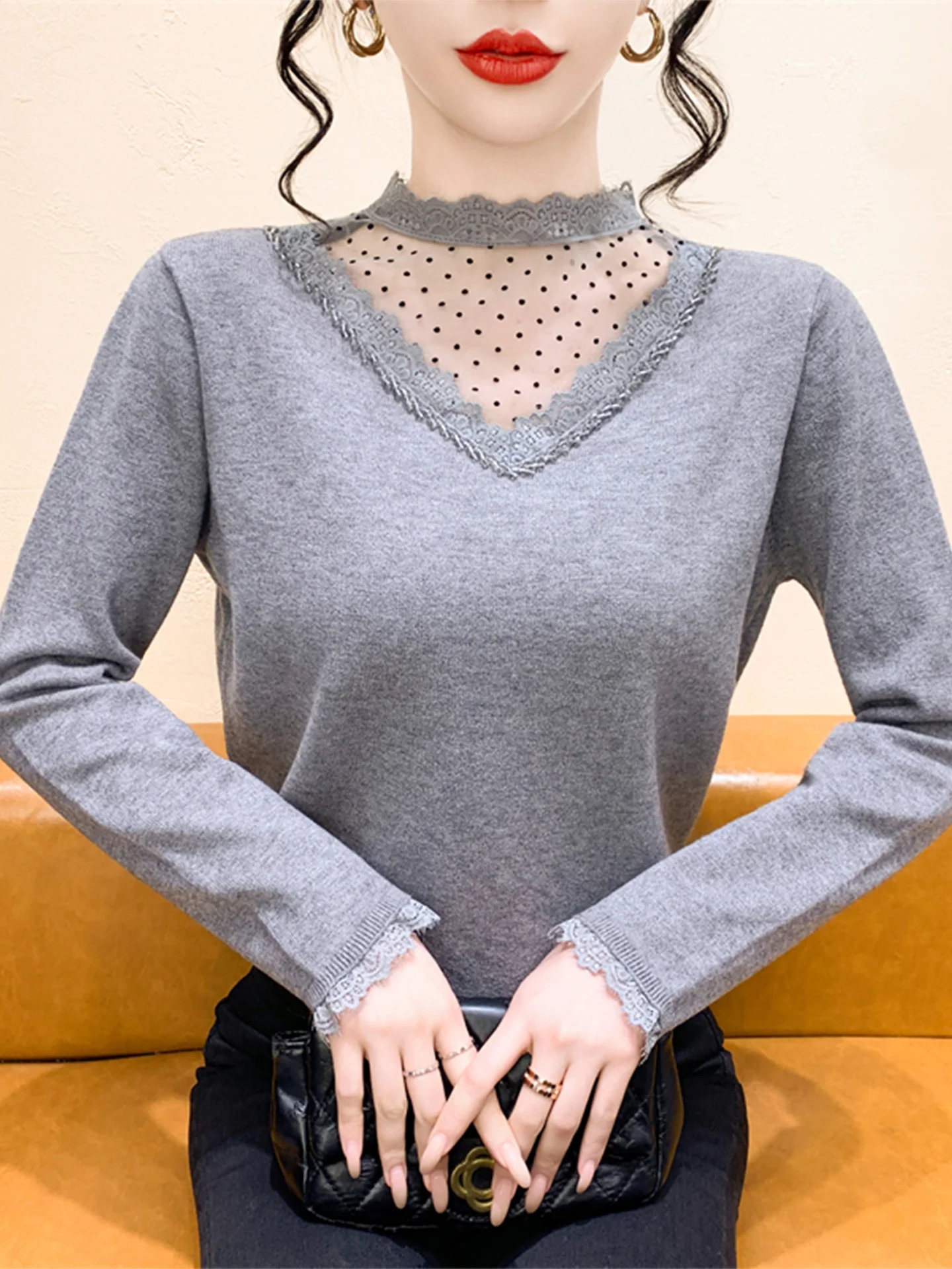 

Женский вязаный топ French Sle Slim Fit с высоким воротником Me Diamond Embellied Long Sve Top на осень-зиму