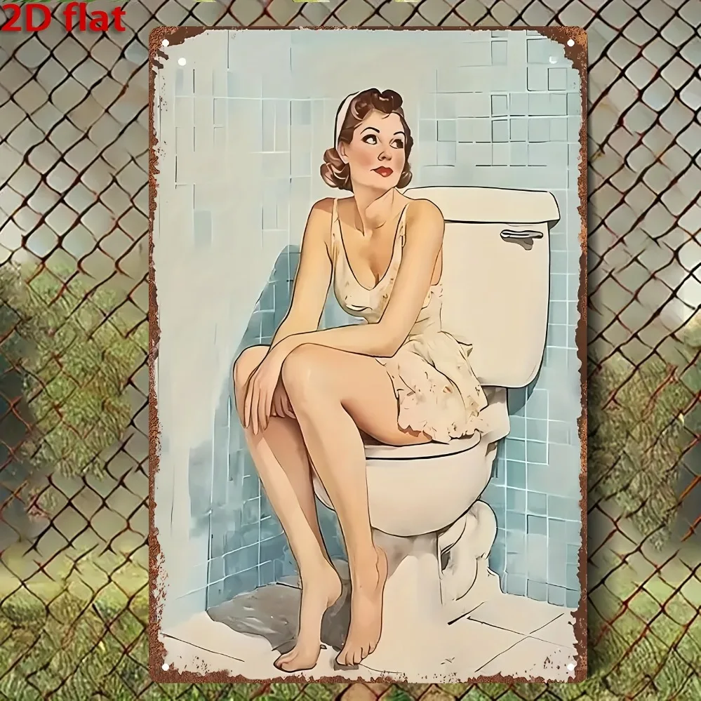 

2D Retro Toilet Wall Art - Woman on Toilet Vintage Bathroom Decor, 8x12 Inch Metal Sign for Living Room, Bedroom, Cafe, Bar, Far