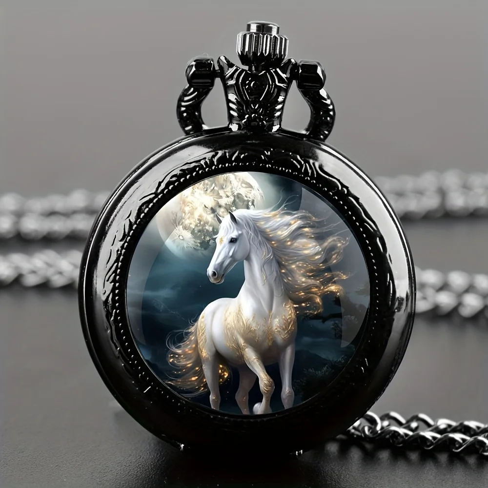 Retro Unique Silvery Horse Animal Design Necklace Pendant Quartz Pocket Watch, Cool Exquisite Accessory for Men Women and Kids