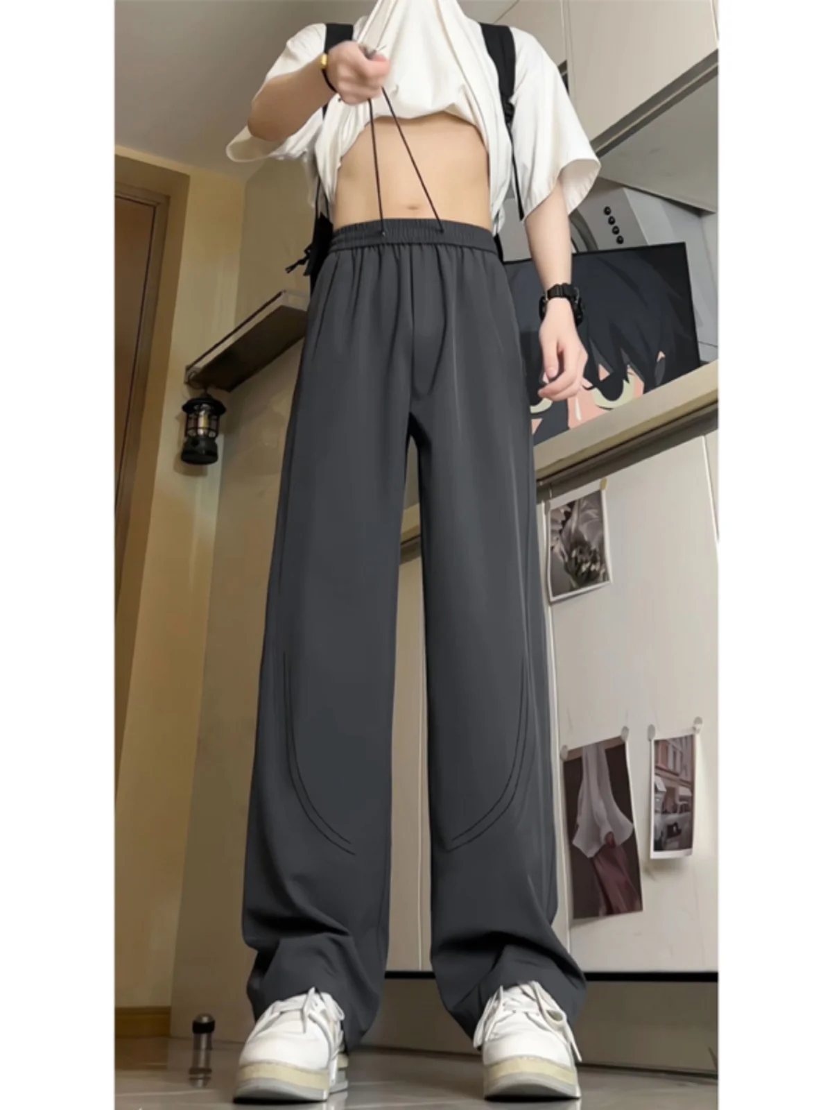 

Мужские летние брюки Deep ey Thin Ice Silk: американские прямые повседневные брюки свободного кроя в стиле хип-хоп с широкими штанинами