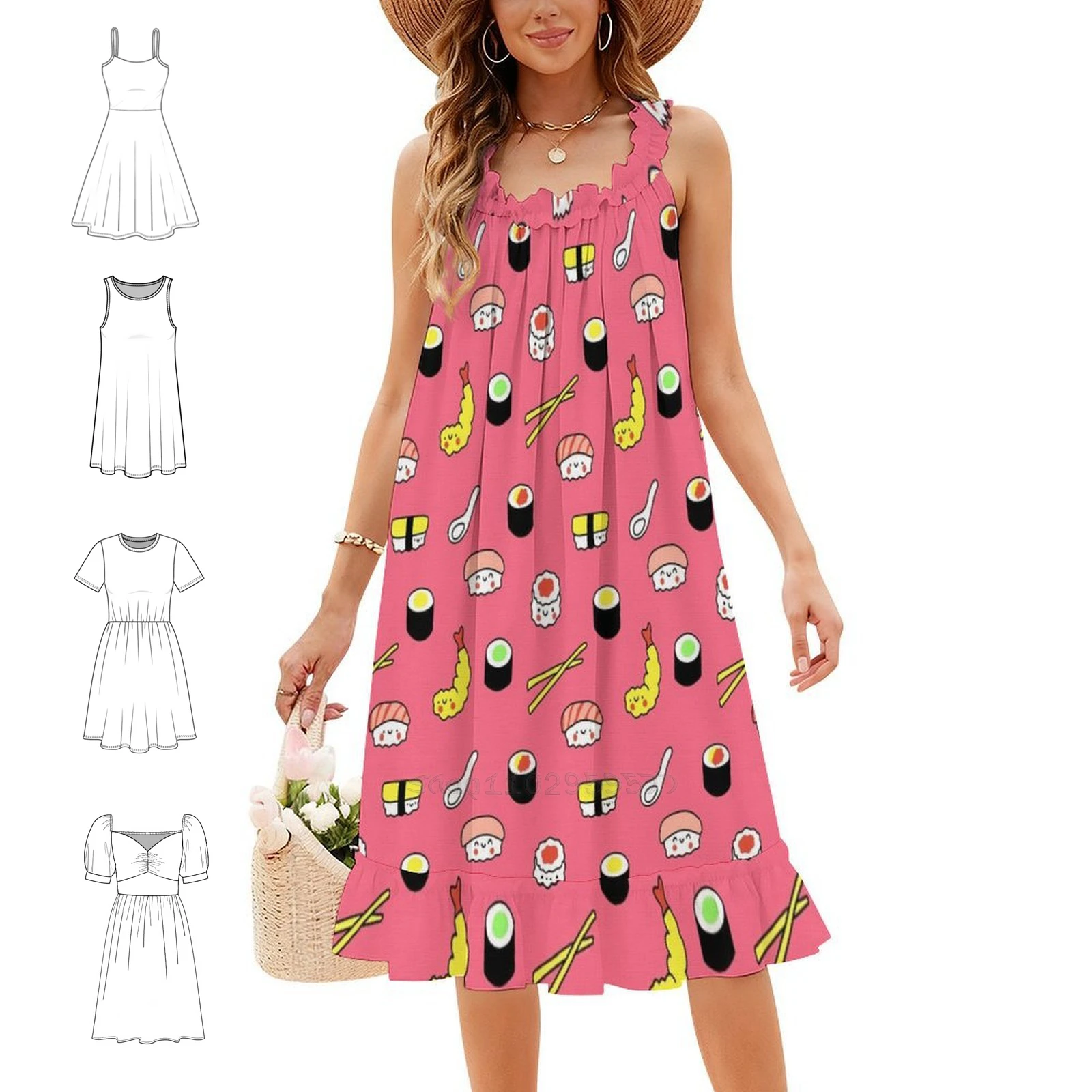 Kawaii Sushi Pattern ( Pink ) Women's Streetwear Party Dress Trendy Print Club Clothing For Female Hot Pink Sushi Kawaii Cute