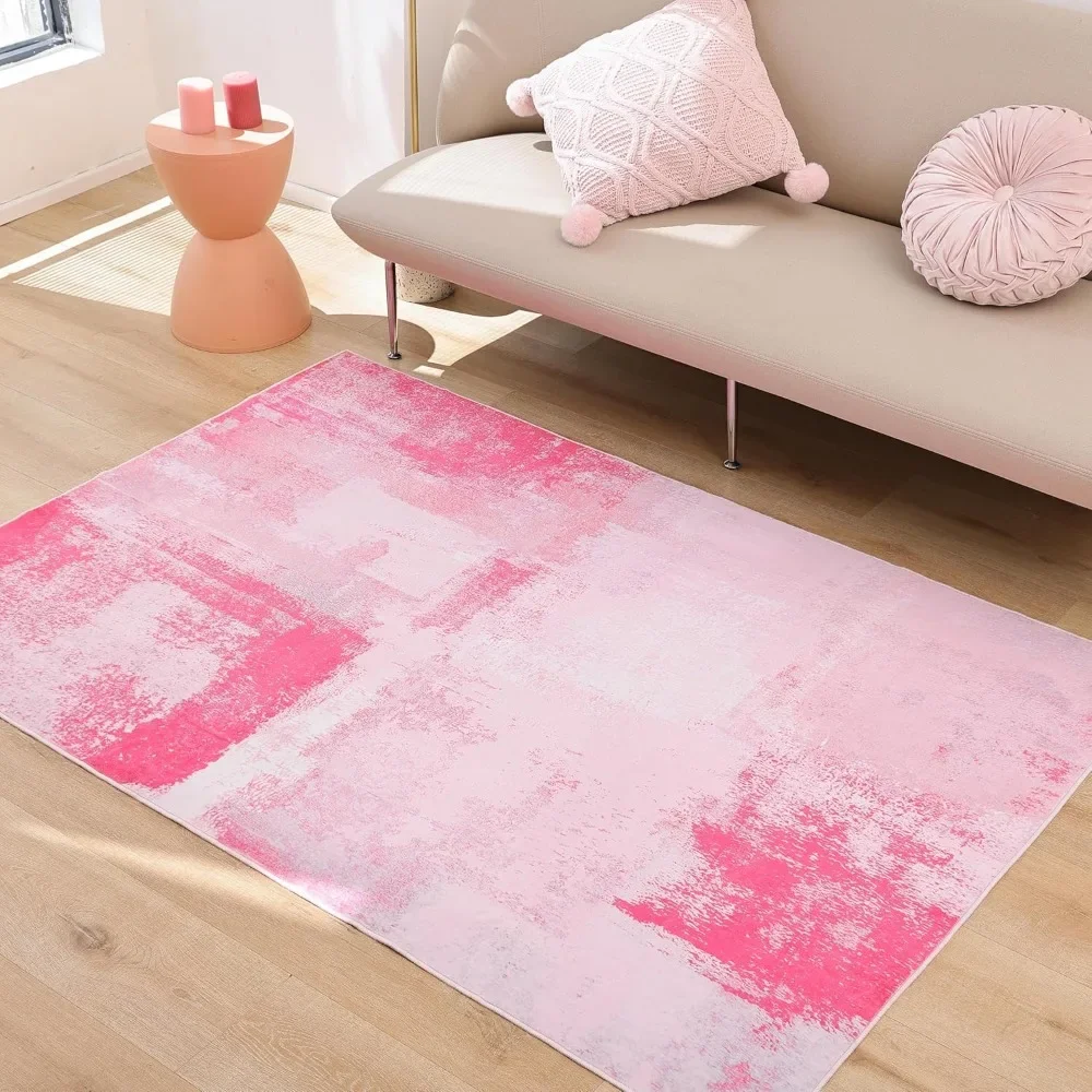 Area Rug (5x7) Washable Pink Rug -  for Entryway College Dorm Living Room Bedroom - with Non-Slip Backing, Carpet