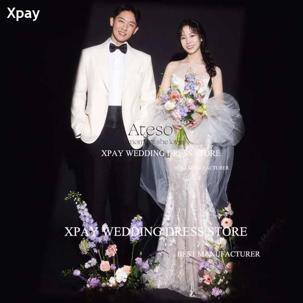 XPAY Elegant Strapless Korea Lace Mermaid Wedding Dresses Backless Corset Wedding Photos shoot Custom Made Floor Bride Dress