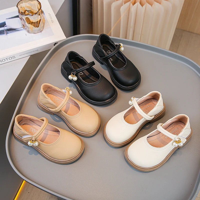 

2025 New Girls Chic Leather Shoes Princess Sweet Mary Janes with Pearl Pendant for Wedding Party Dress Flats Женская Обувь