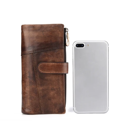 Imagen 2 del producto Cartera Retro de piel de vaca para hombre, larga, gran capacidad, múltiples ranuras para tarjetas, monedero portátil informal, tarjetero duradero