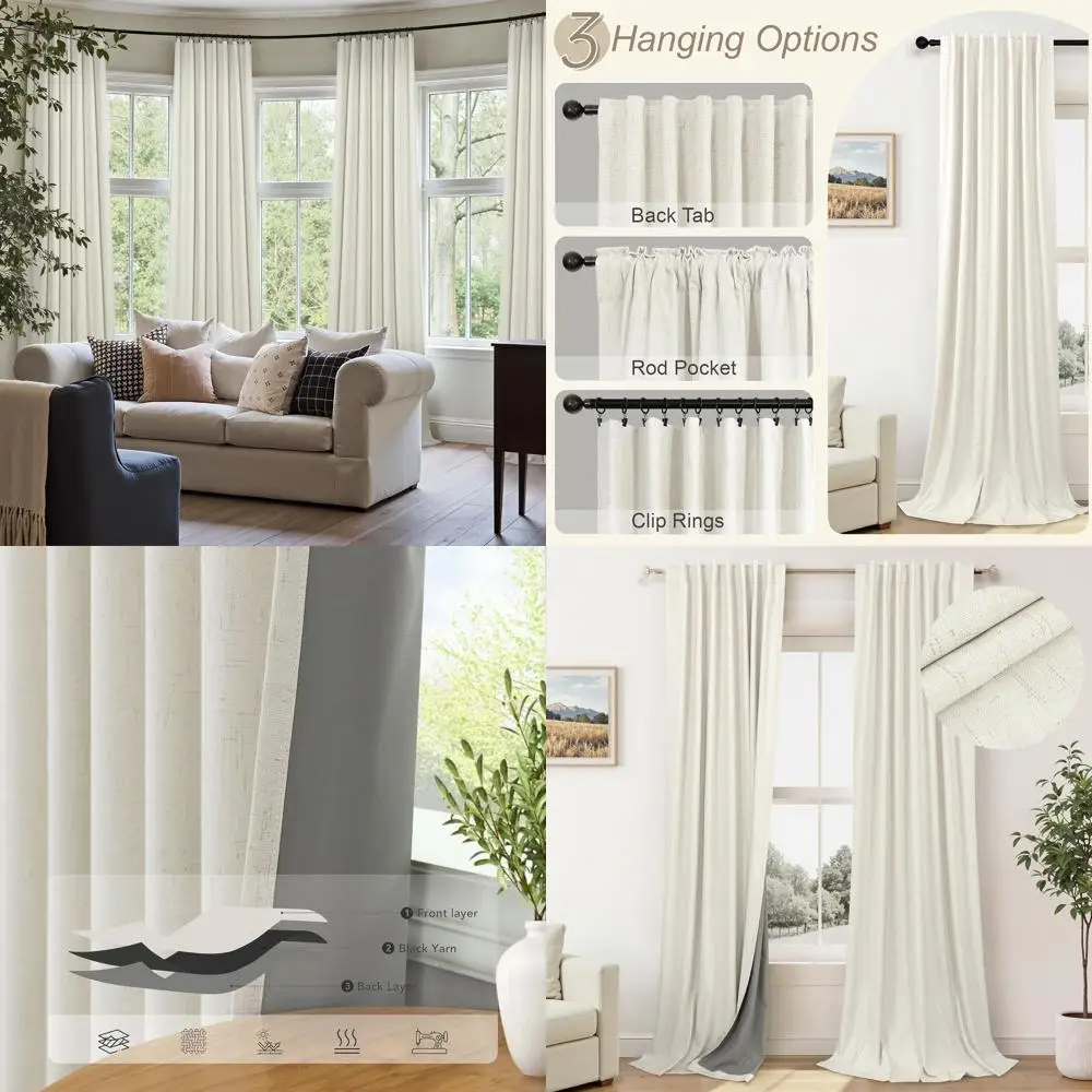 

Rustic Linen Textured 8ft Cream Ivory Back Tab Pleated Curtains with Light Blocking and Noise Reduction for Bedroom and Living R