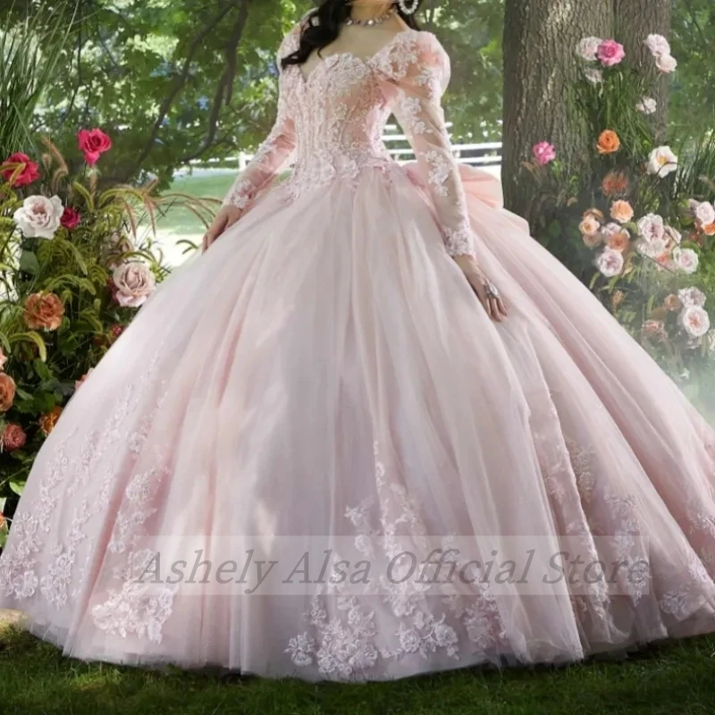 AA166 Customized Pink Quinceanera Dress Long Sleeves Applique Lace Sweet 16 14 Birthday Party Dress Prom Gown robes de soiree 15