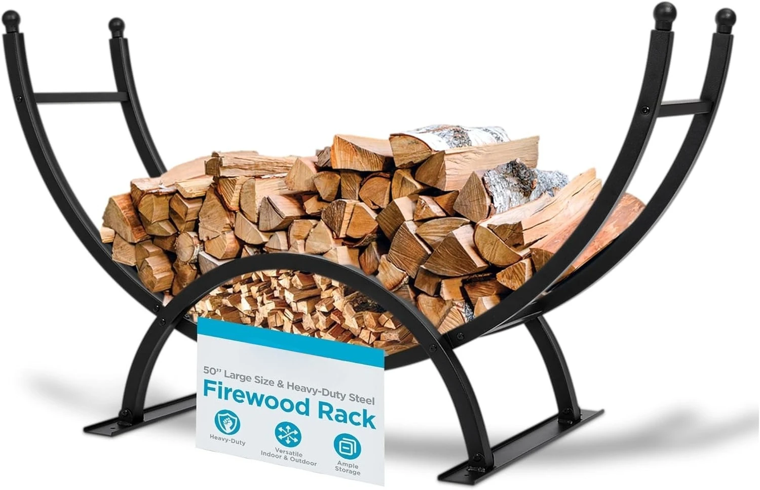 

50in Firewood Rack for Outdoor or Indoor Use | Fire Wood Log Storage Holder | Black Elevated Curved Design | Kindling Under Rack