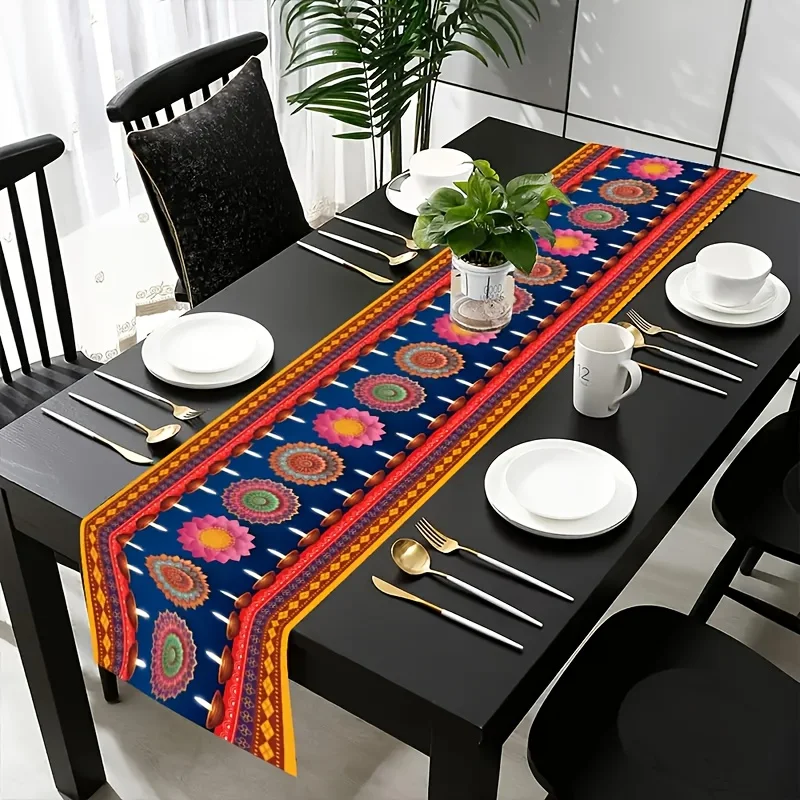 Happy Diwali Festival of Lights Linen Table Runner Holiday Party Decor Reusable Kitchen Dining Table Runner Diwali Decorations