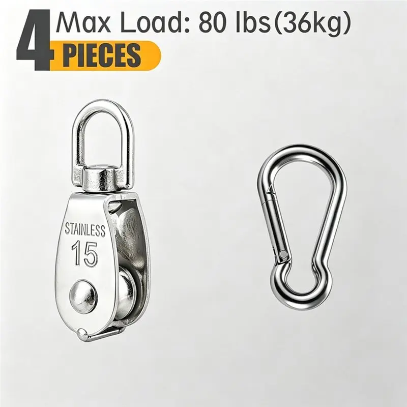 ABLN-4Pcs M15 Single Pulley Block, Wire Rope Cable Pulley With Spring Snap Hook, Wire Towing Wheel