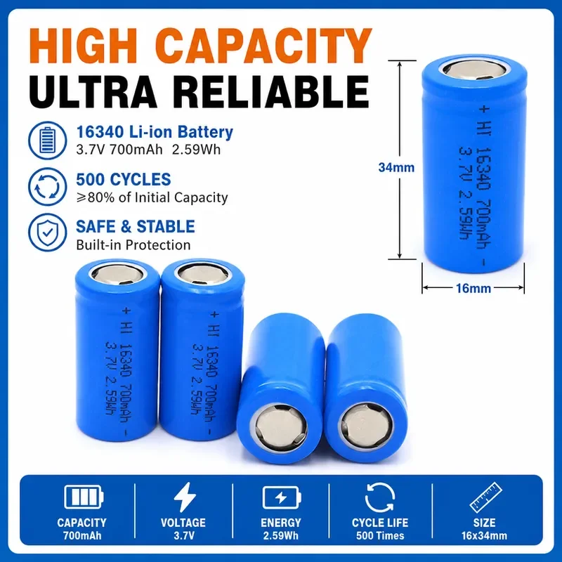 100PCS 16340 Cylindrical Lithium Battery 700mAh 3.7V Flat Top Rechargeable Li-ion Cell for Flashlights and Electronic Devices