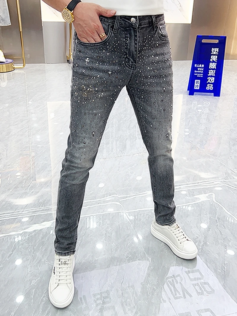 

Light Grey Men's Jeans Heavy Duty Rivet Fashionable Korean Style Elastic Slim Fit Small Foot Pants Casual Long Pants