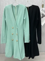 High Quality Woman Mint Green Black Long Sleeve Buttons V-neck Mini Knitted Slim Dresses