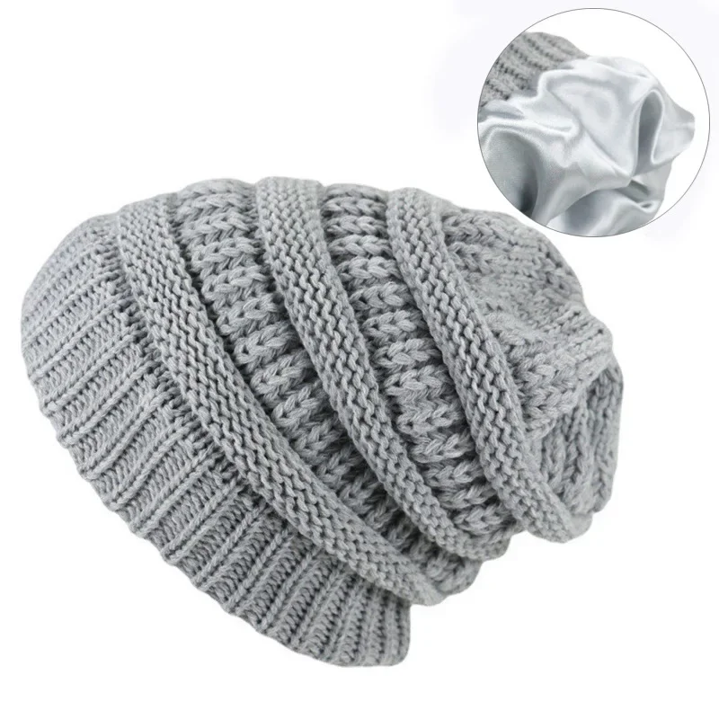 Women Satin Lined Winter Beanie Caps Striped Knit Hats Solid Color Silk Lining Thick Chunky Cap Soft Slouchy Warm Hat gorras