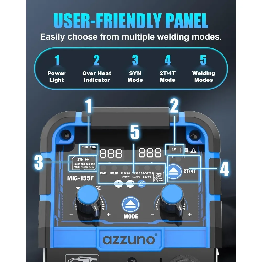 AZZUNO Aluminium 155A MIG-lasapparaat 110V / 220V, 5-in-1 MIG-lasmachine met fluxkern MIG / gas MIG / aluminium MIG / Stick / Lift TIG Wel