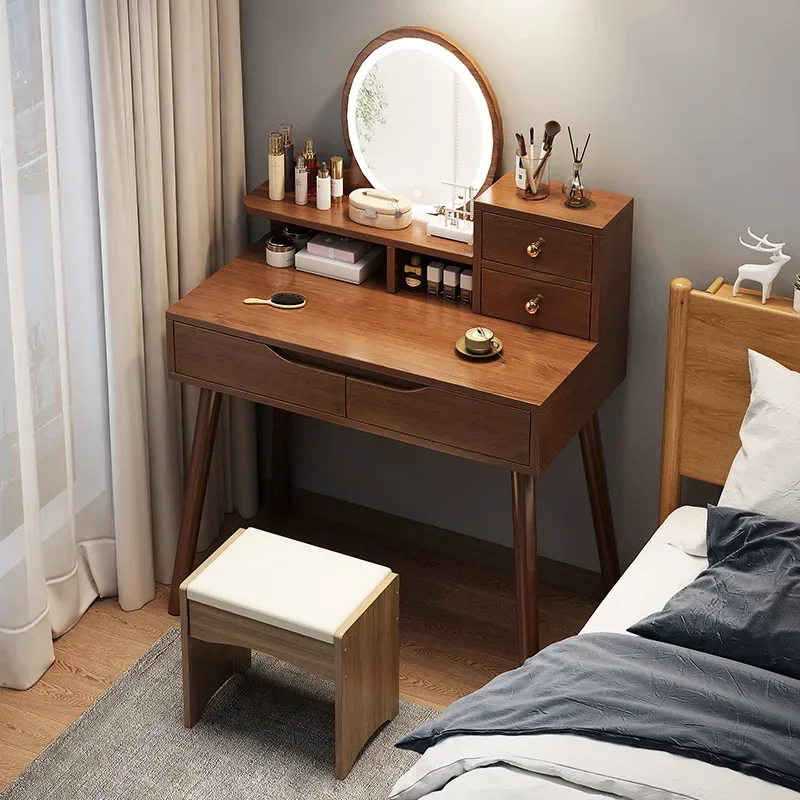 Modern Wood Dressing Make Up BedsideTables Led Vanity Mirror Dressers Walnut Simple Storage Drawers Cabinet Bedroom Furnitures